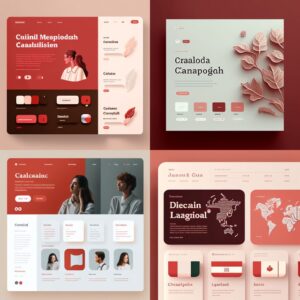 Beautiful design of a language course school website page, flat, minimal, clean, color Dark Pastel Red, color deep Champagne, color Menthol, light gray and white