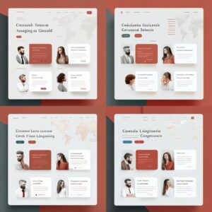 Beautiful design of a language course school website page, flat, minimal, clean, color Dark Pastel Red, color deep Champagne, color Menthol, light gray and white
