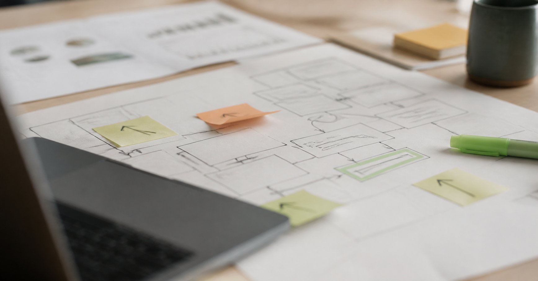 Product-team evidence notes and user-flow sketch before a redesign decision.