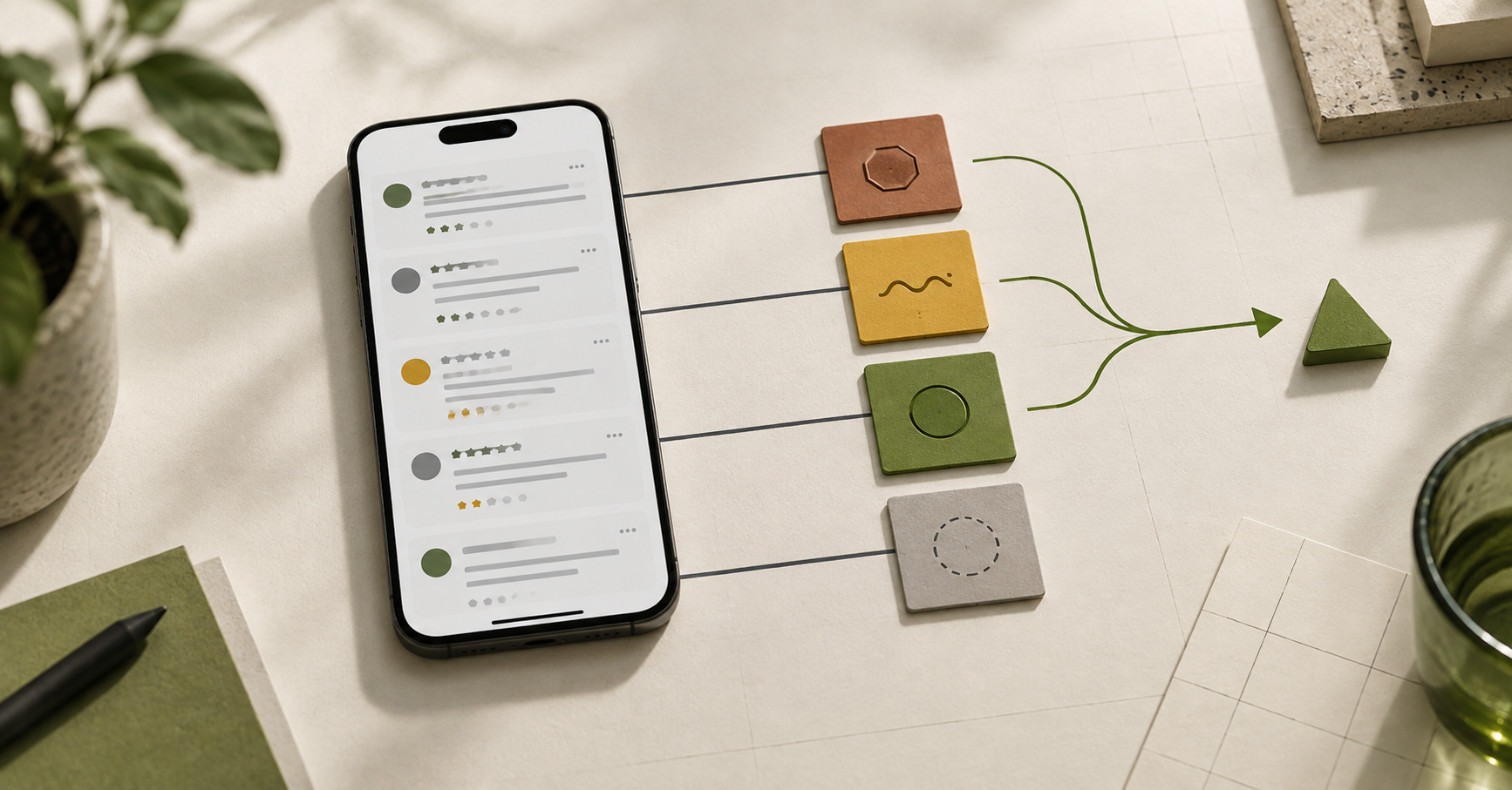 Abstract app review cards on a phone flowing into a structured product-decision path.